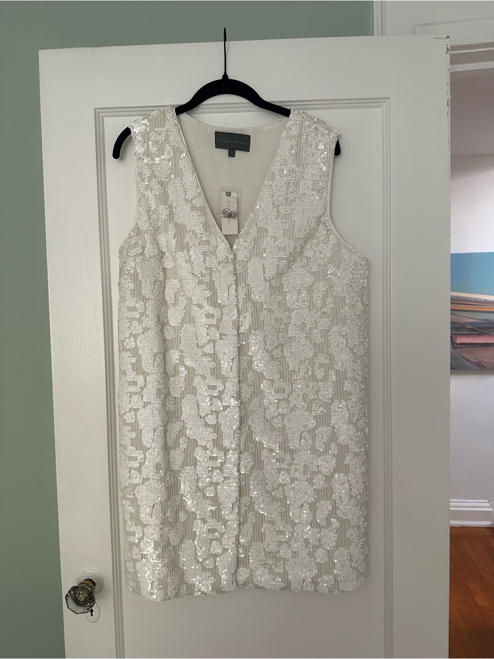 Anthropologie White Sequin Floral V-Neck Mini Dress